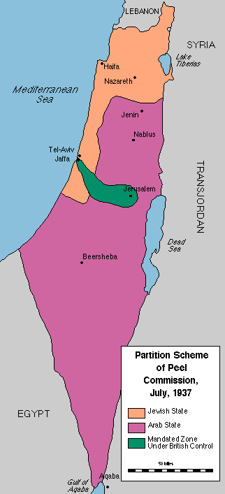 Mapa de la partición de Palestina propuesta por la Comisión Peel (julio de 1937). 