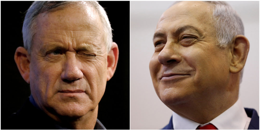 A combination picture shows Benny Gantz (left), leader of Blue and White party, at an election campaign event in Ashkelon, Israel, April 3, 2019, and Israeli Prime Minister Benjamin Netanyahu smiling at a polling station in Jerusalem encuesta
